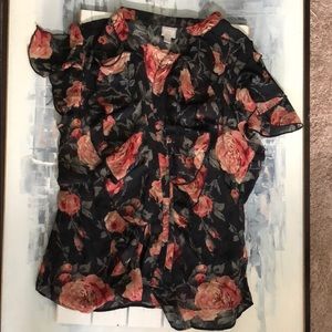 Ruffle sheer floral button down top